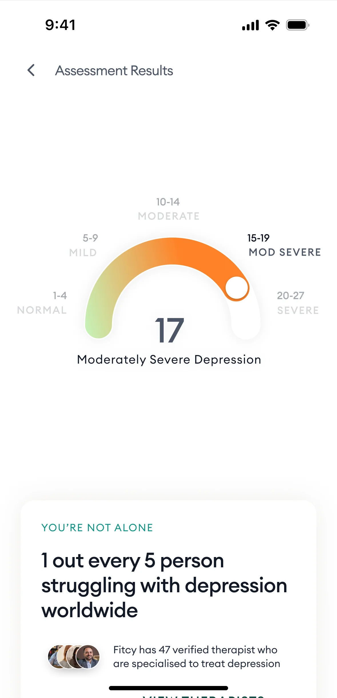 Assessment Results: moderately severe depression score 17 with You're Not Alone reassurance