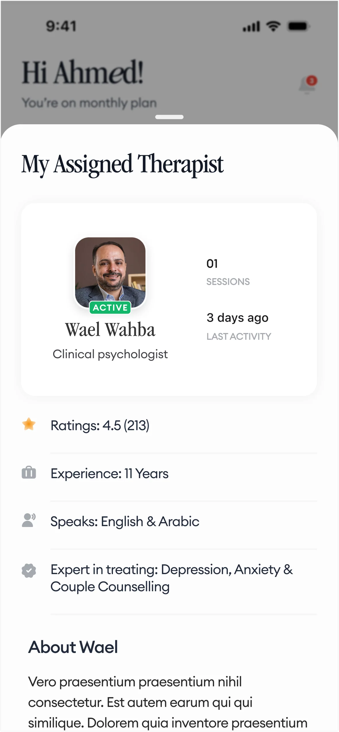 My assigned therapist: Wael Wahba, clinical psychologist with ratings and details