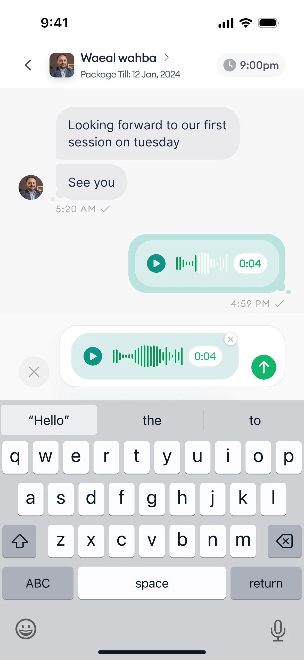 Chat thread with Wael Wahba: voice messages exchanged with a 0:04 voice note in progress at the bottom