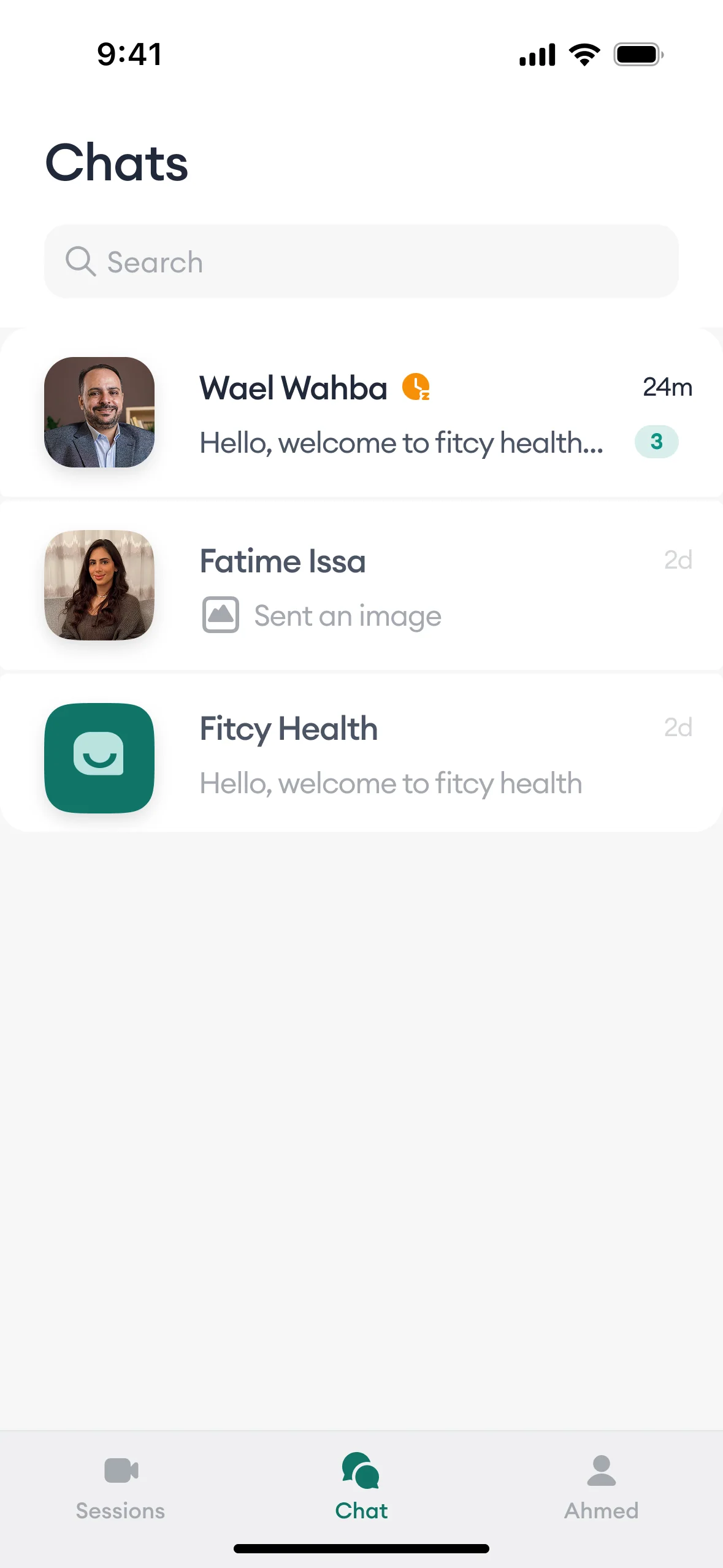 Chats inbox: Wael Wahba, Fatime Issa, and Fitcy Health conversations with unread counts and last-message previews