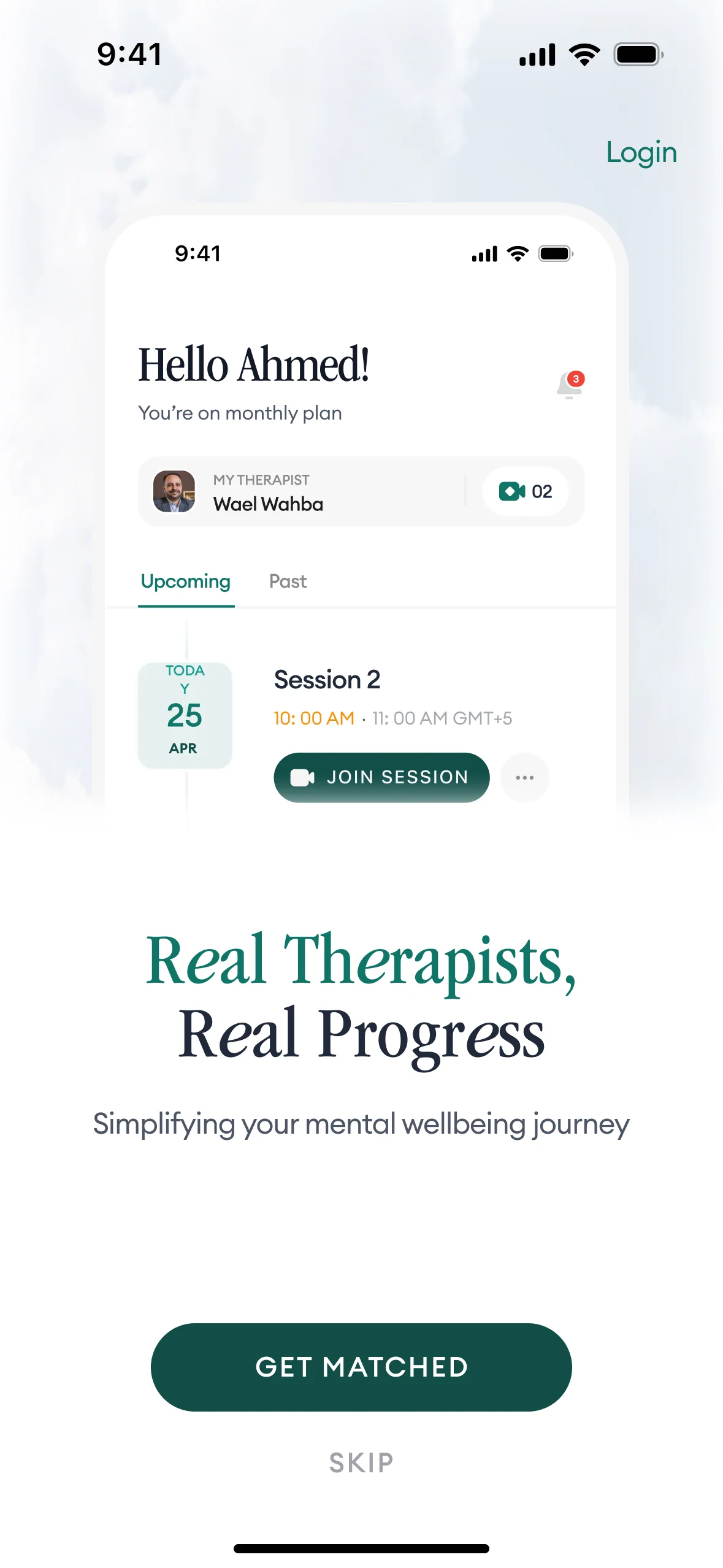 Mobile onboarding intro: Real Therapists, Real Progress with Get Matched CTA