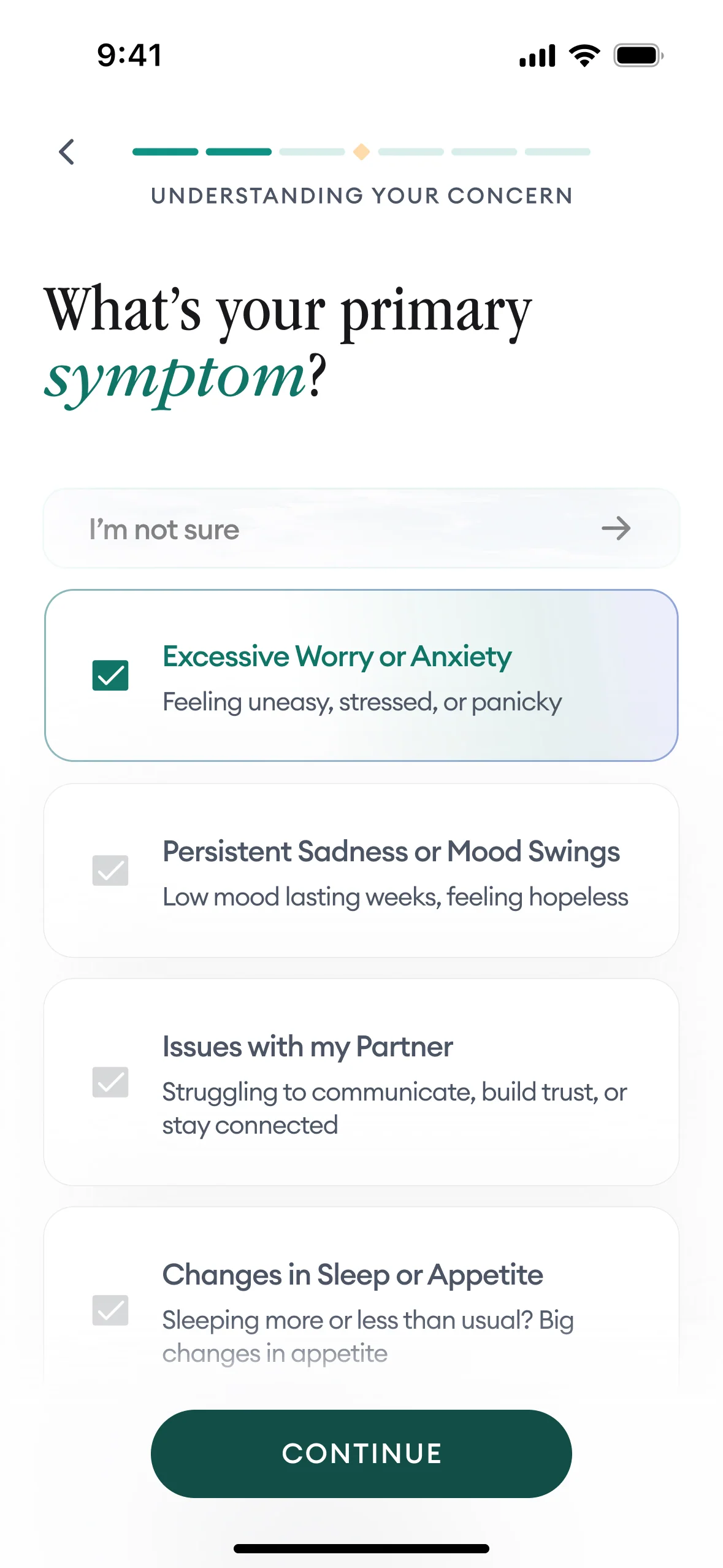 Personalized Therapists Matching screen explaining the assessment