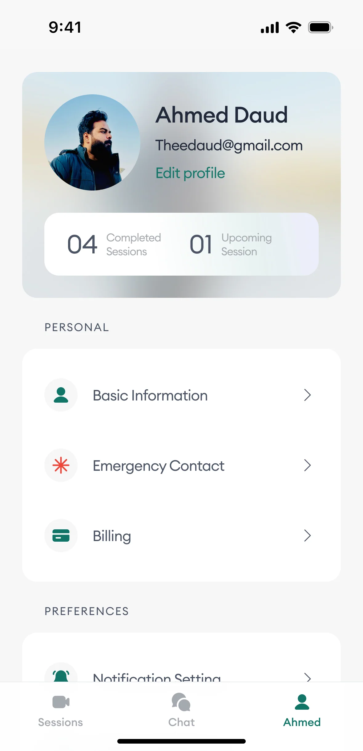 User profile default view: Ahmed Daud with 04 completed and 01 upcoming sessions, plus Personal section for Basic Information, Emergency Contact, and Billing