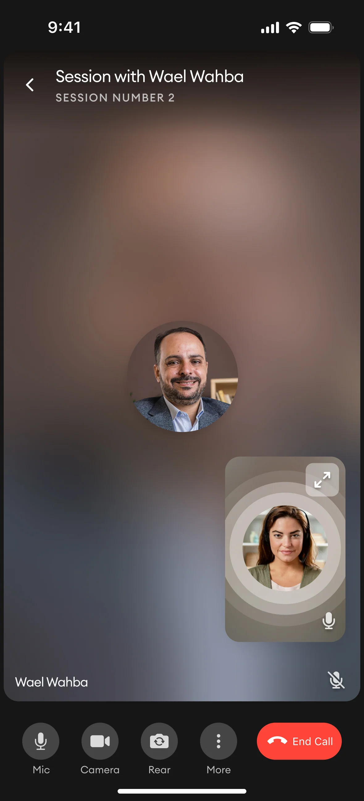 In-session video call with Wael Wahba: therapist video in focus, client in picture-in-picture, mic and camera controls
