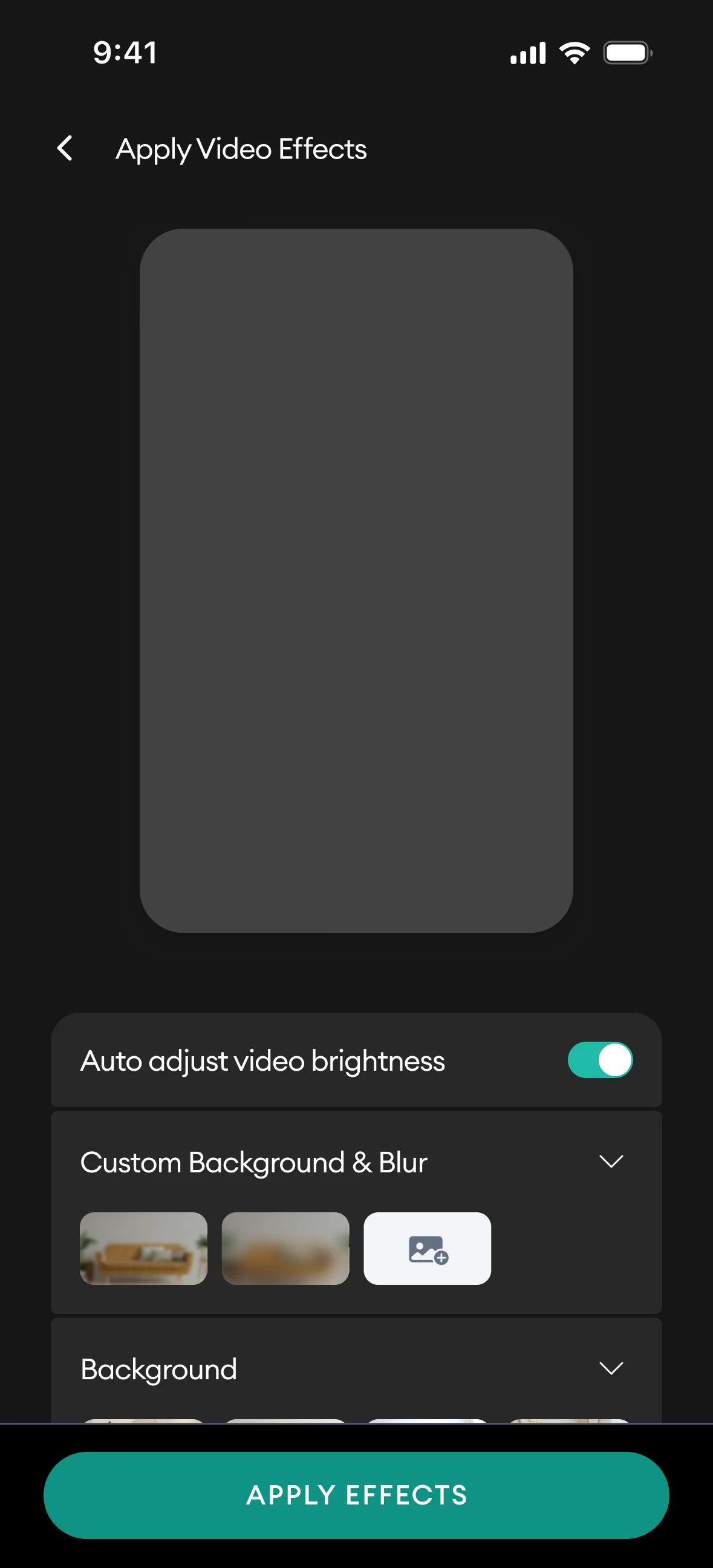 Apply Video Effects: auto brightness, custom background and blur, and background presets before joining