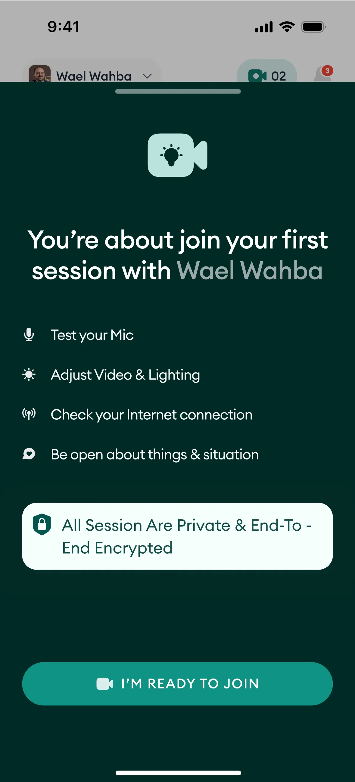 Session lobby: You're about to join your first session with Wael Wahba, with a pre-join checklist for mic, video, and connection
