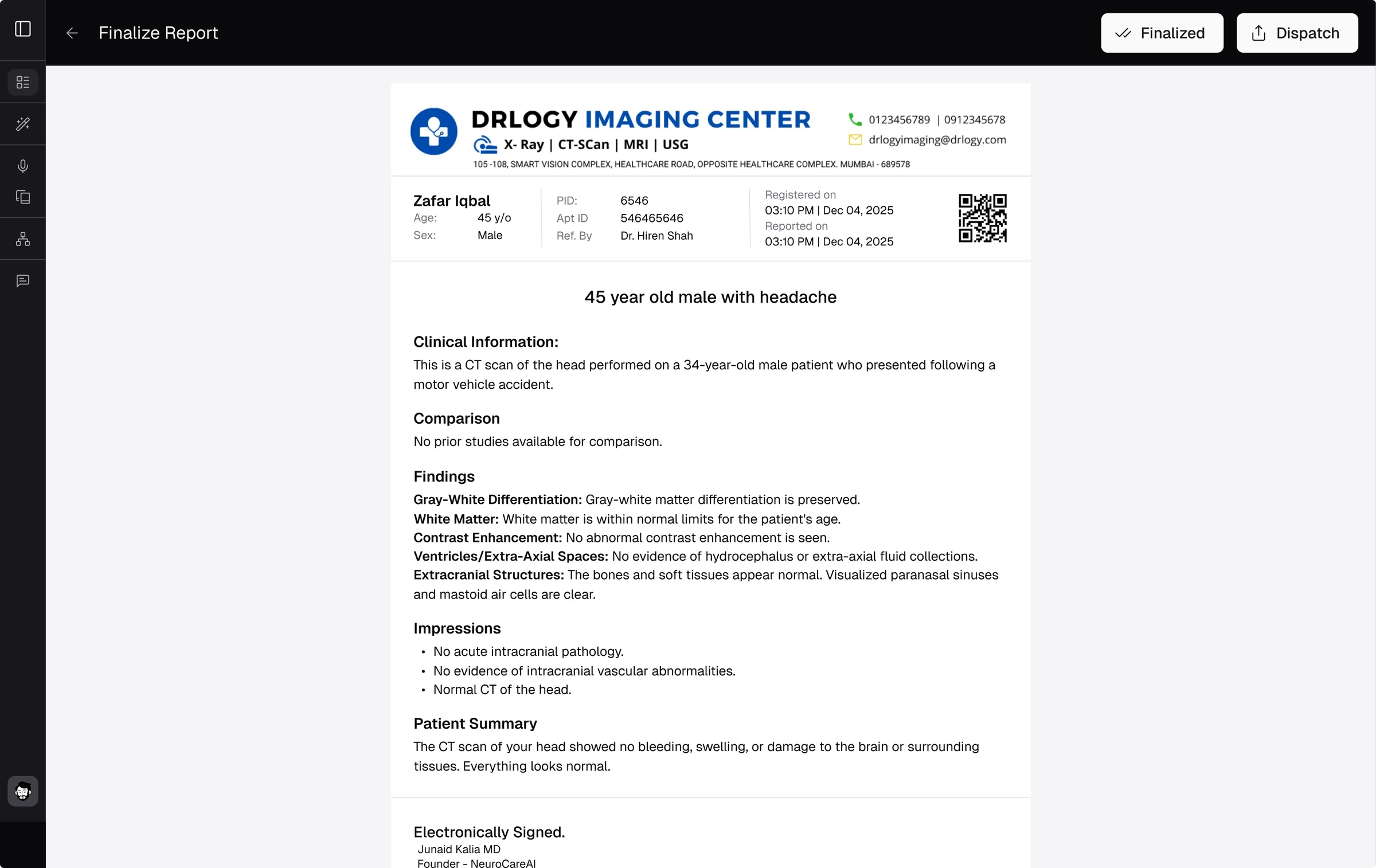 A finalized RadioView.AI report on clinic letterhead with patient details, clinical findings, impressions, a plain-language patient summary, an electronic signature, and Finalize and Dispatch actions