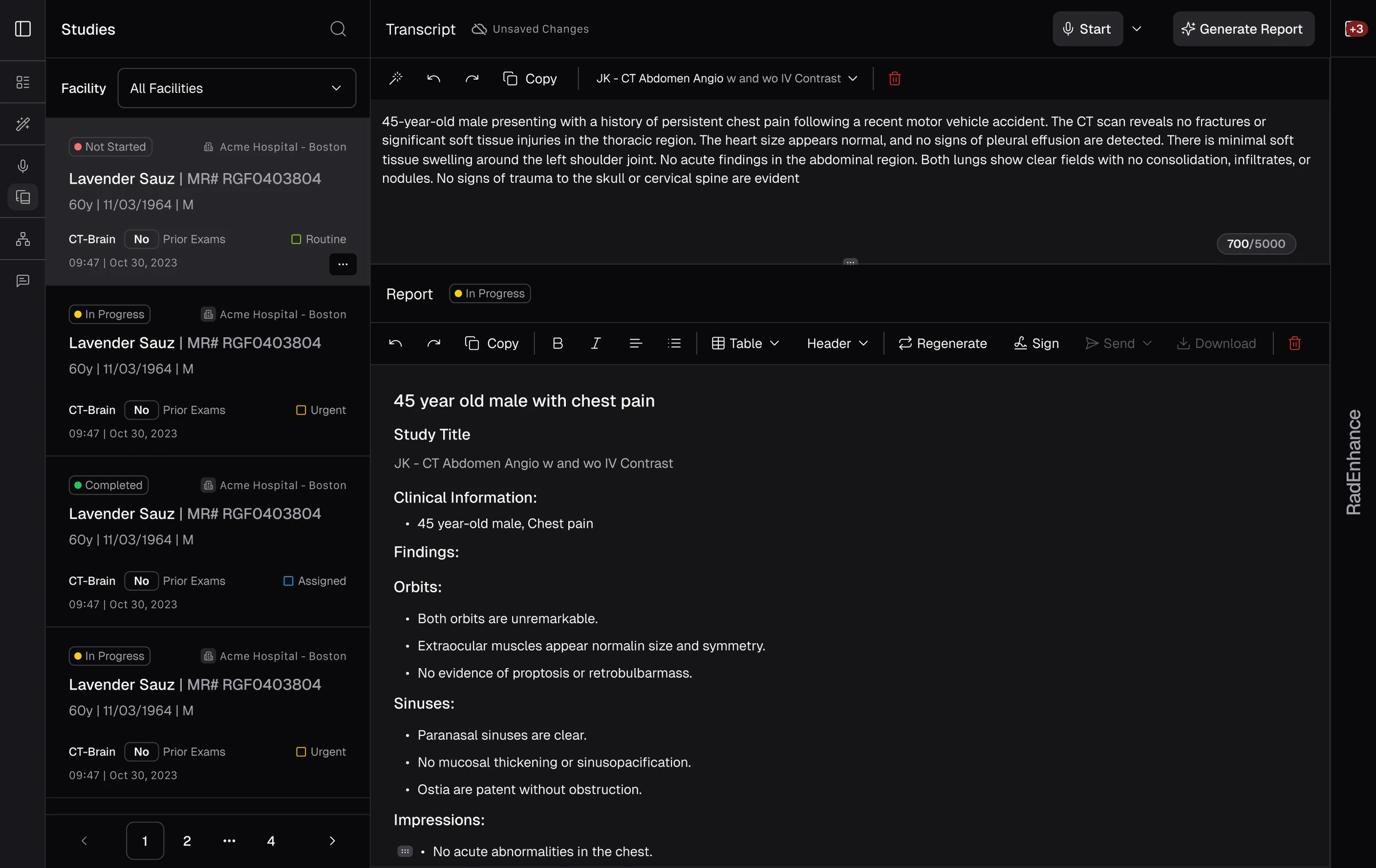 RadioView.AI Companion Mode: a Studies worklist with patient cards and priority flags on the left, a transcript editor at the top, and a structured radiology report below with Regenerate, Sign, and Send controls