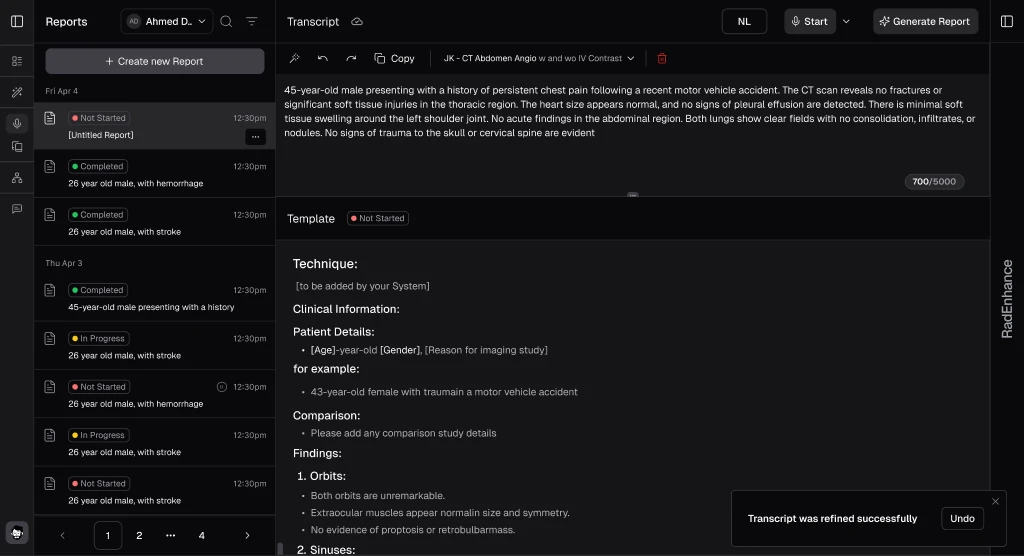 RadioView.AI reporting workspace with patient worklist, transcript editor, and structured clinical template